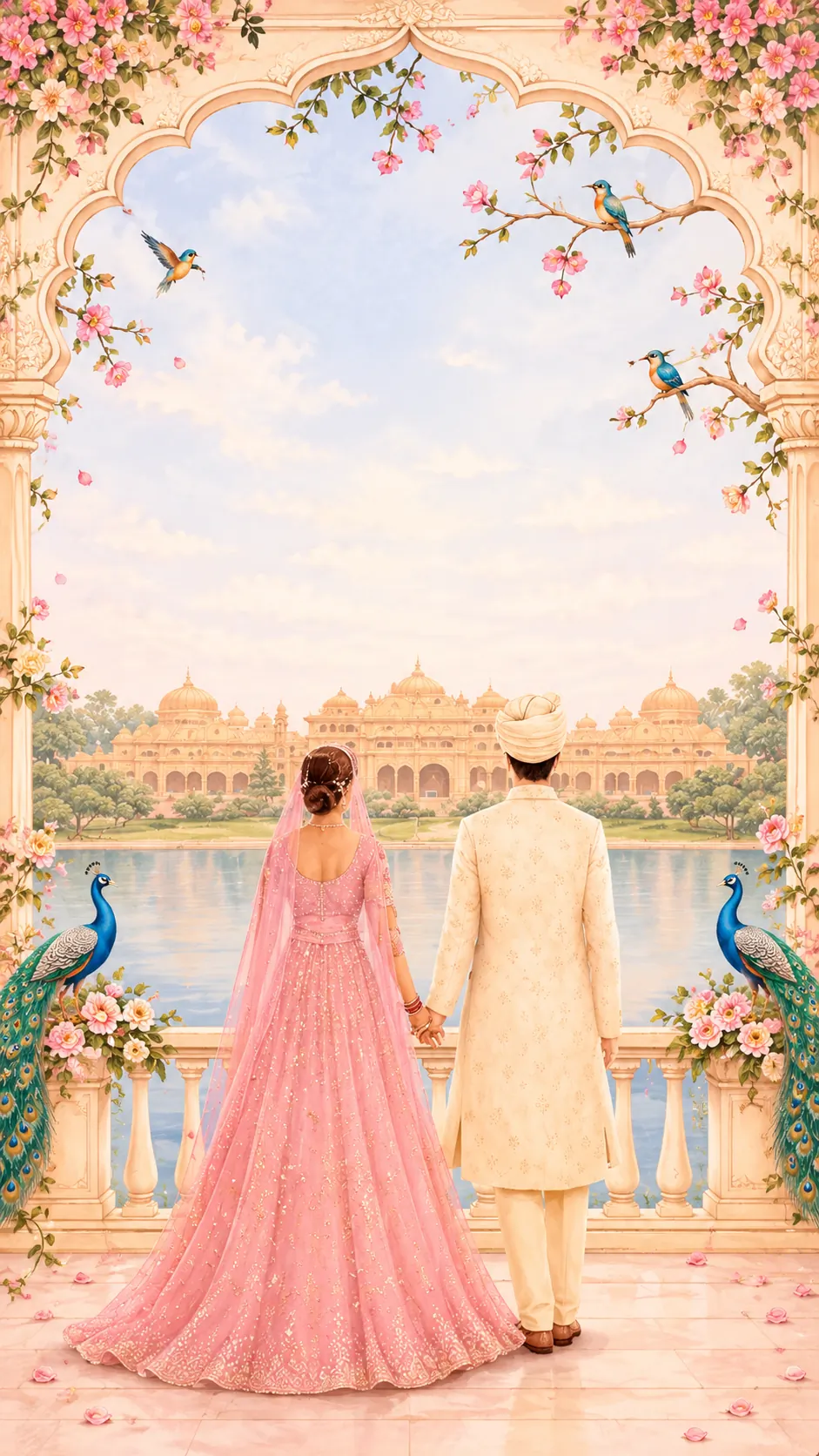 Raghav and Ishita hand in hand at a balustrade, looking across a lake to a palace